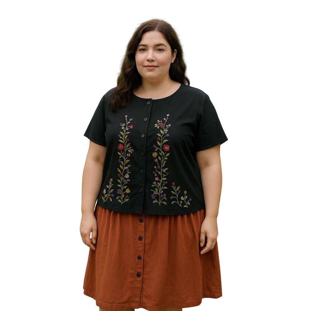 Bechamel 1X Embroidered Floral Button Front Cotton cardigan Black cottagecore
